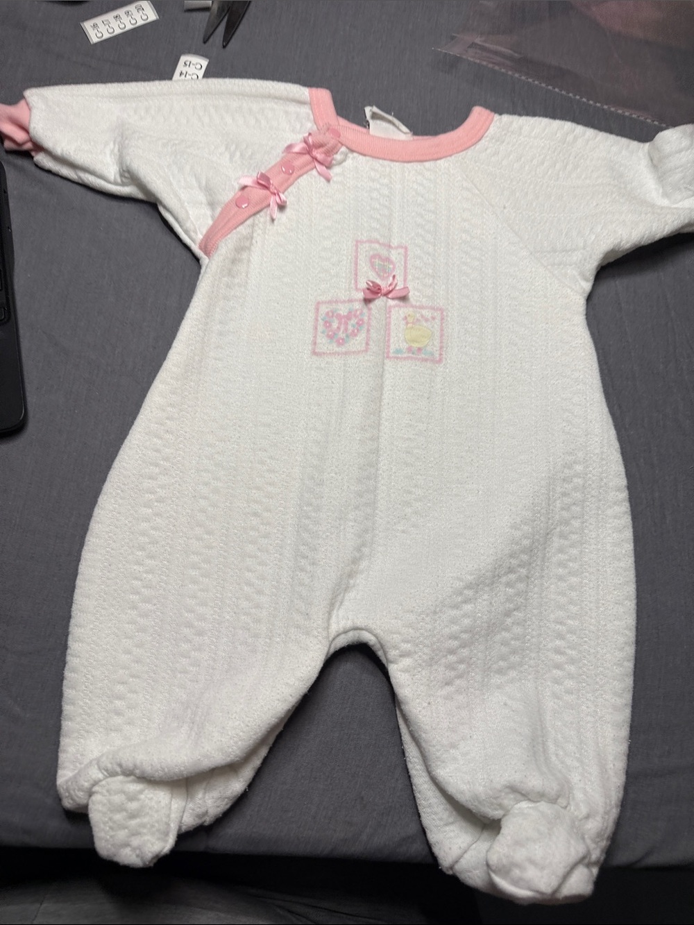 White and Pink Trim Baby Footed One-Piece Romper